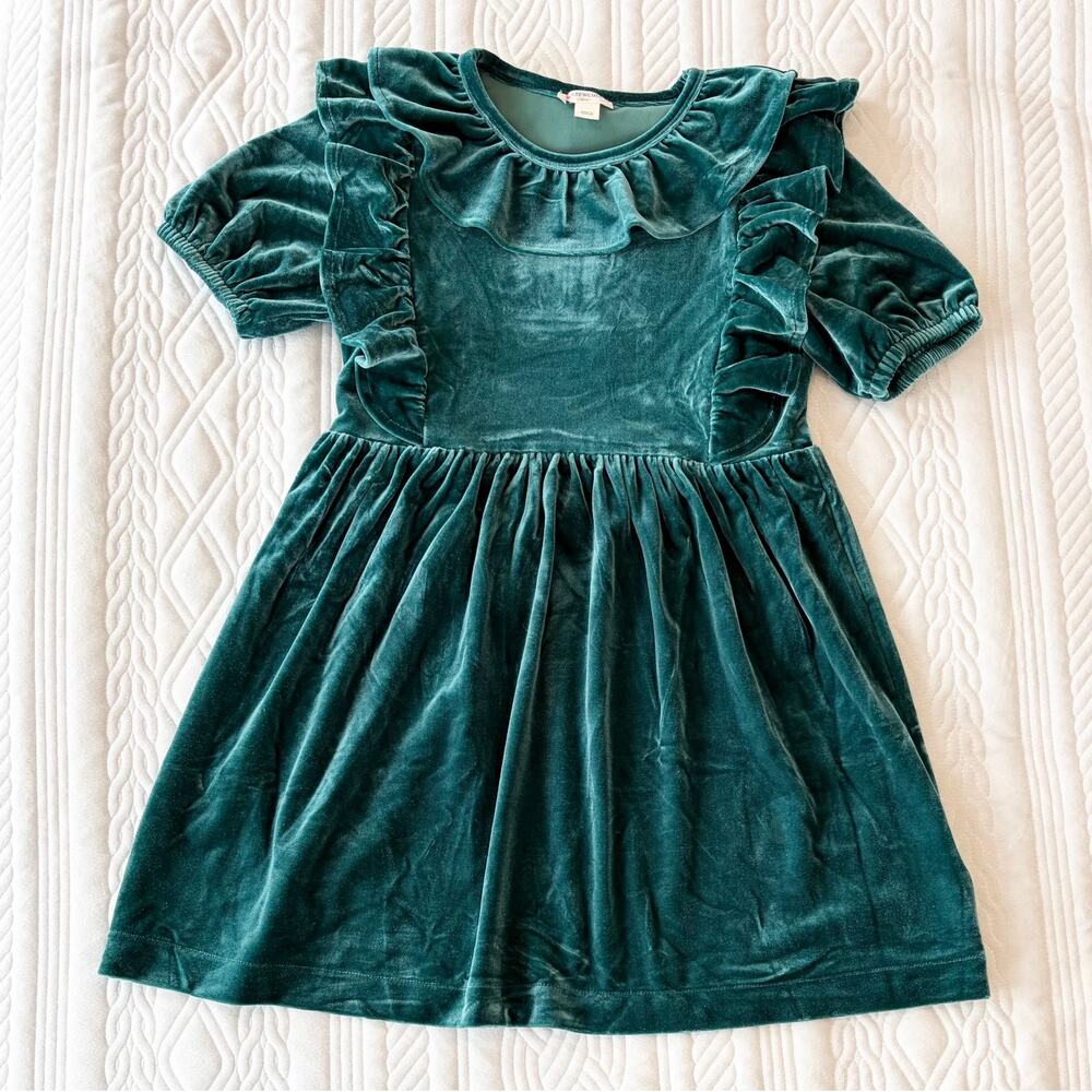 Crewcuts Girls Green Velvet Ruffle Dress Short Sleeve Holiday Party
